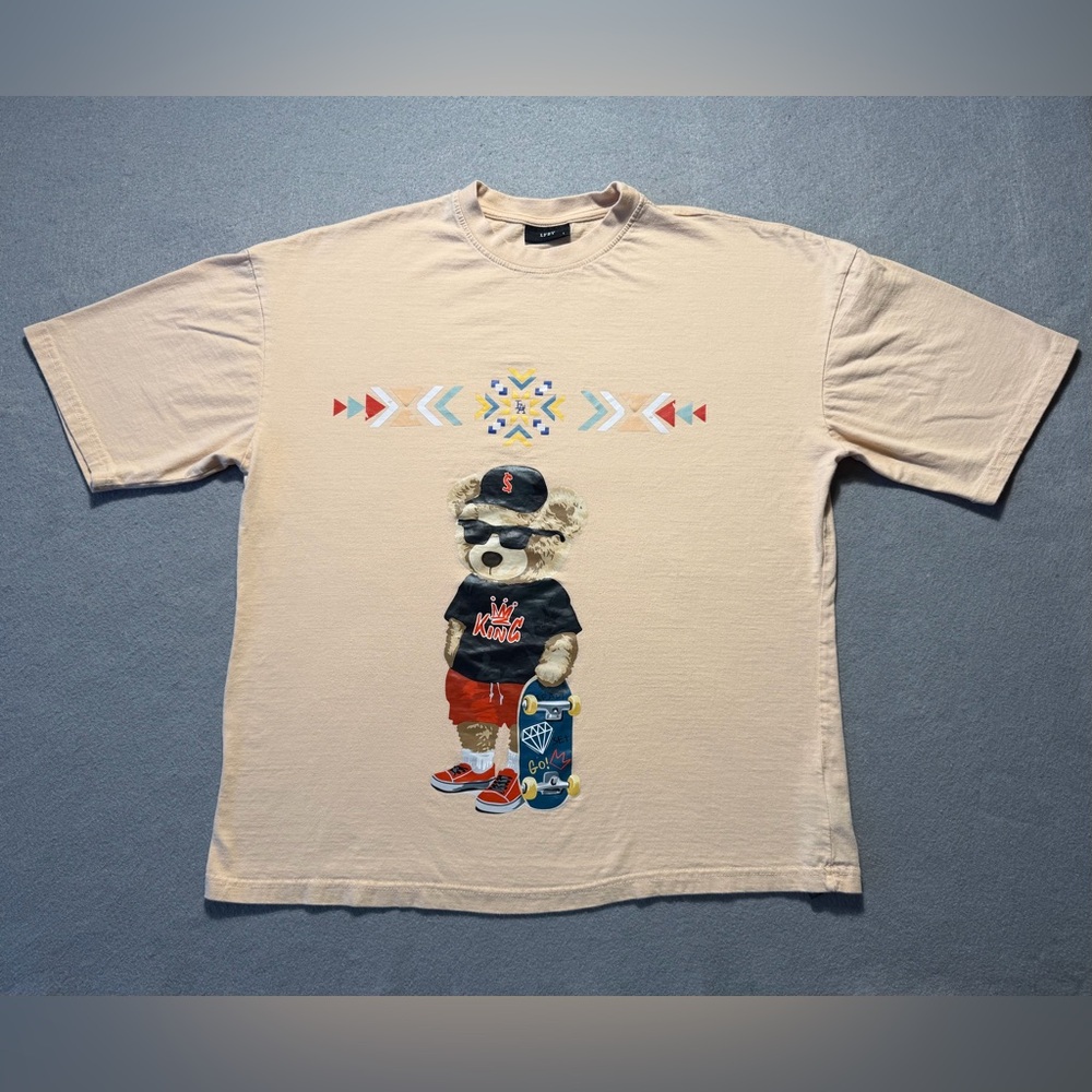 LFDY Los Angeles T-Shirt Mens Large Tan Graphic Bear Skateboard Streetwear Tee